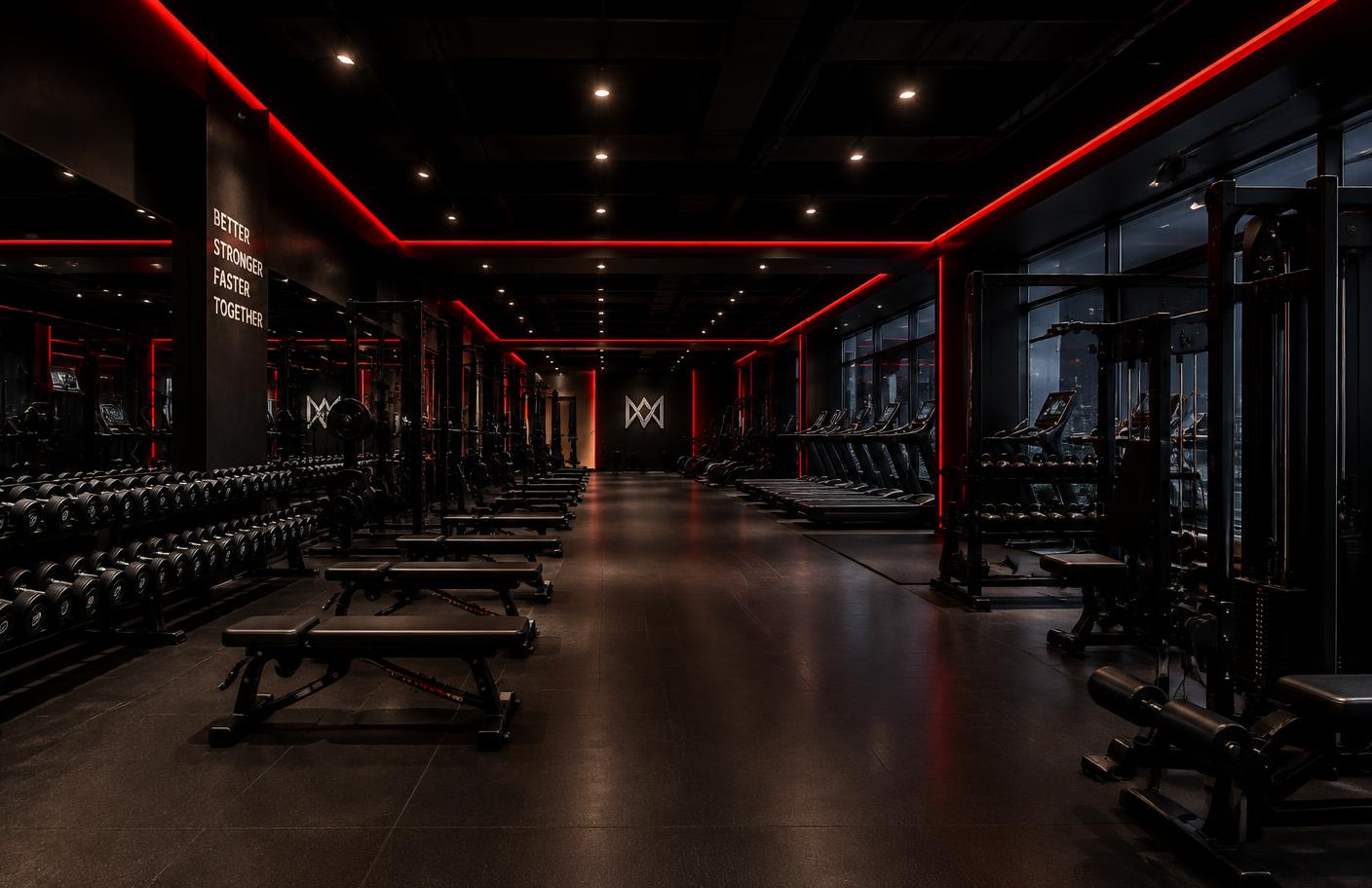 Salle de sport sombre aux lumières rouges (photo d'illustration)